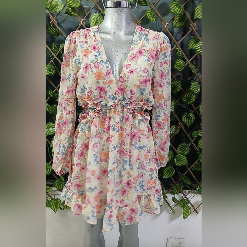privy Cream Floral V-Neck Long Sleeve Ruffle Mini Dress